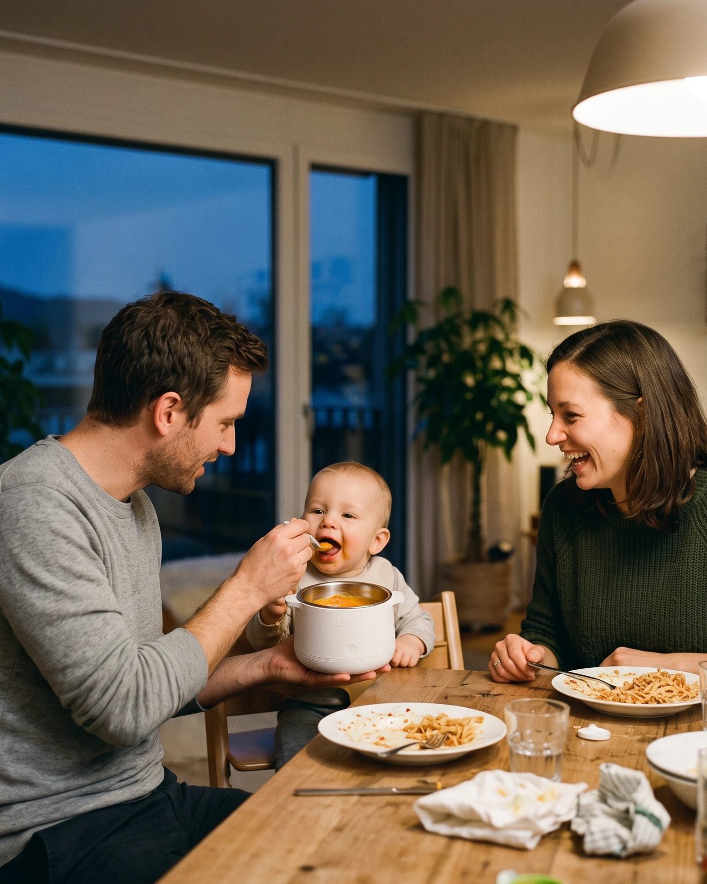 Familie am Esstisch mit dem LIINI Breiwärmer